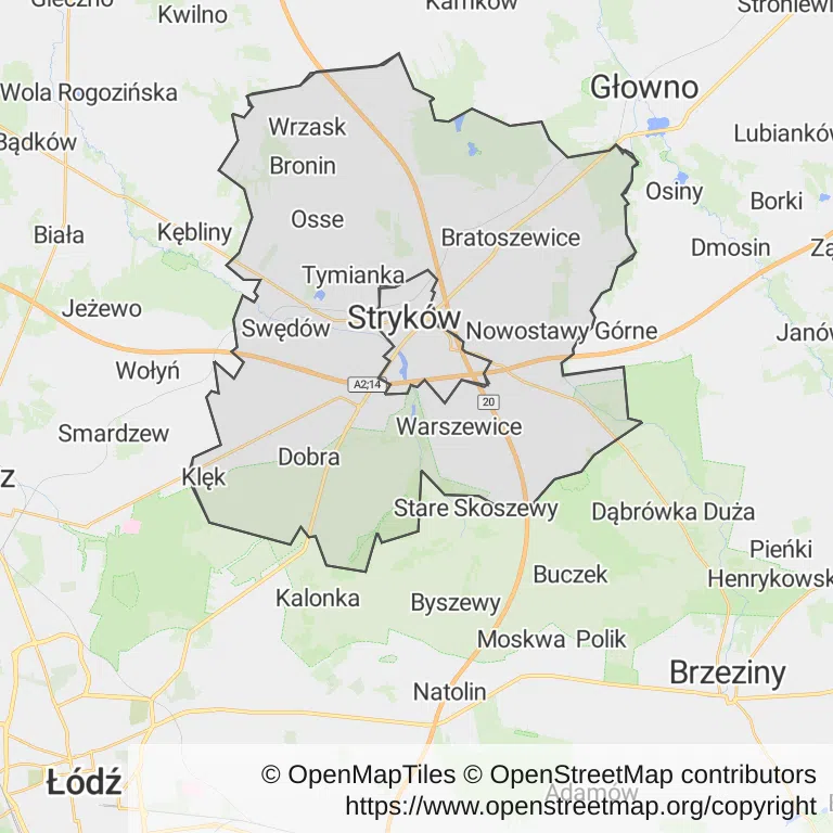 Mapa z zaznaczonym Strykowem