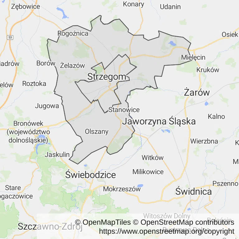 Mapa z zaznaczonym Strzegomiu