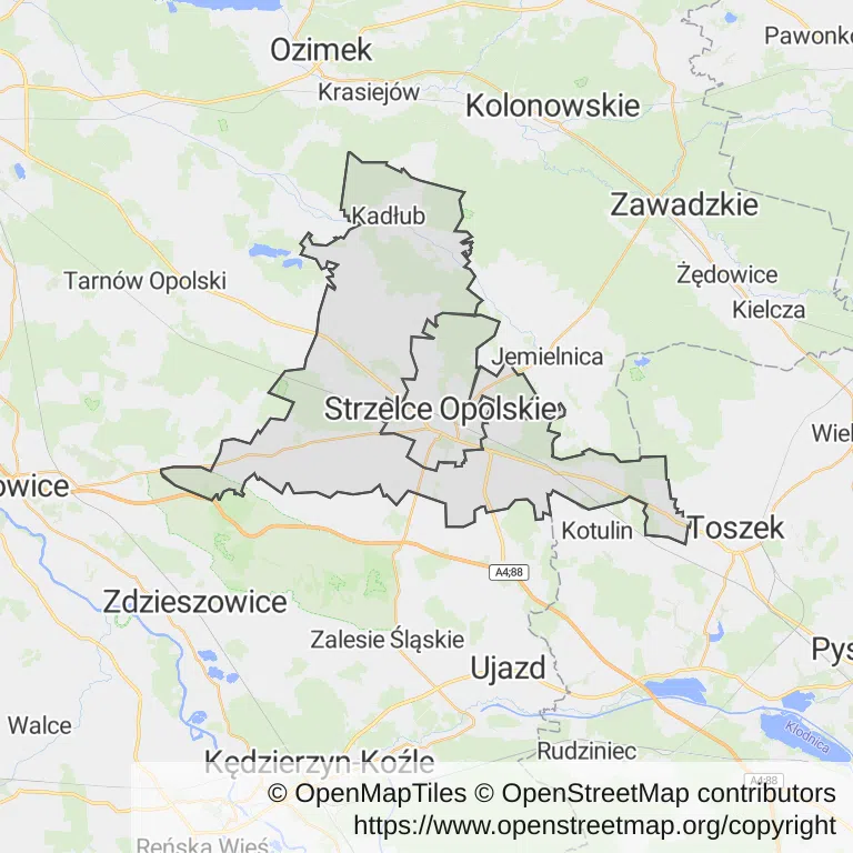 Mapa z zaznaczonym Strzelcach Opolskich