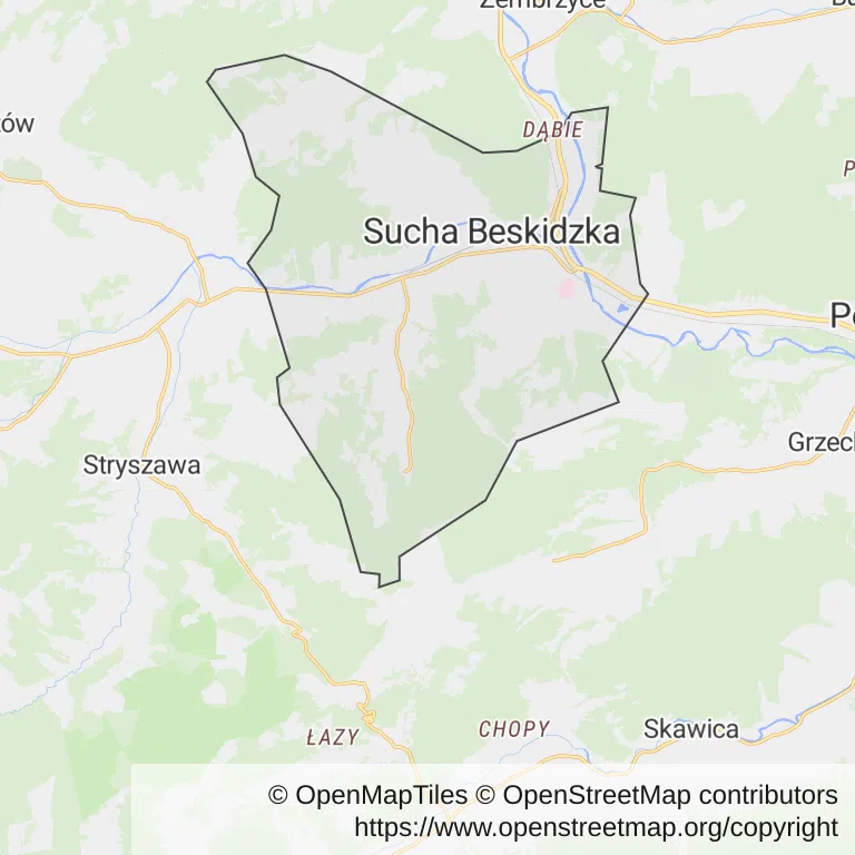 Mapa z zaznaczoną Suchej Beskidzkiej