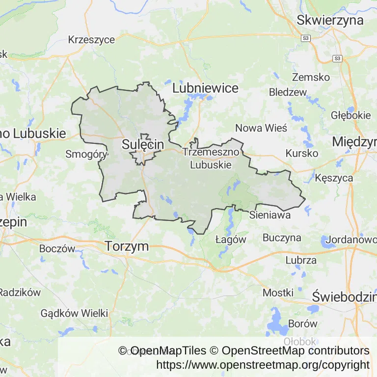 Mapa z zaznaczonym Sulęcinem