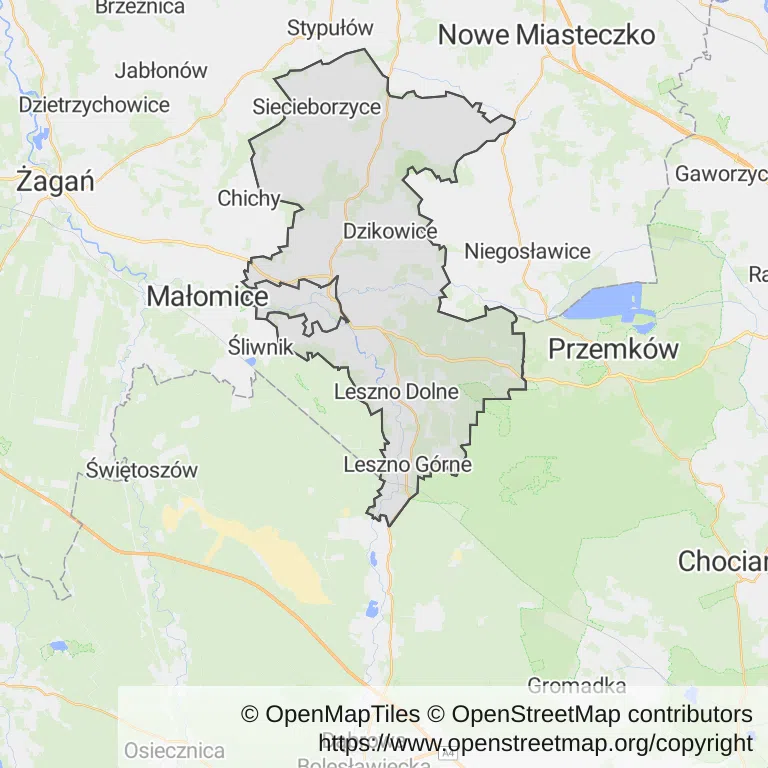 Mapa z zaznaczoną Szprotawem