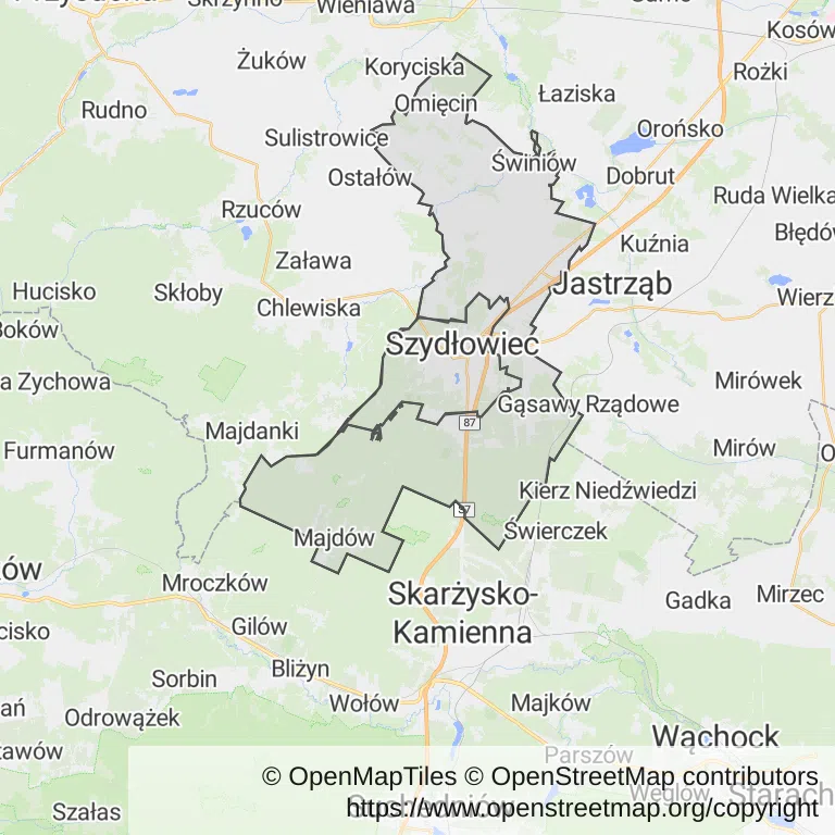 Mapa z zaznaczonym Szydłowcu