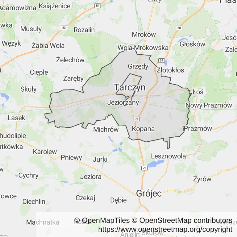 Mapa z zaznaczonym Tarczynem