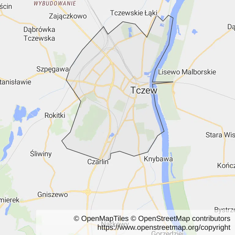 Mapa z zaznaczonym Tczewem