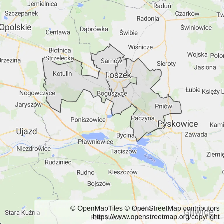 Mapa z zaznaczonym Toszkiem