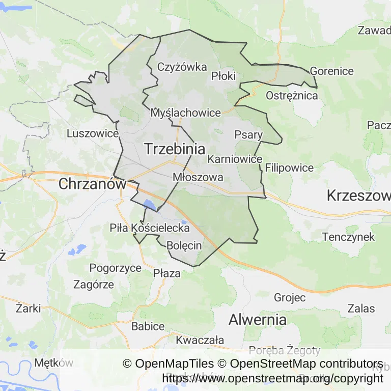 Mapa z zaznaczoną Trzebini