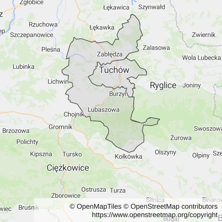Mapa z zaznaczonym Tuchowem