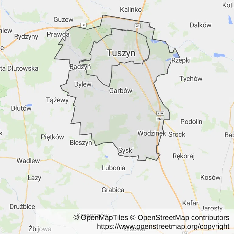 Mapa z zaznaczonym Tuszynem