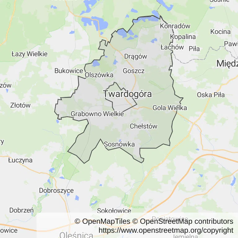 Mapa z zaznaczoną Twardogórze