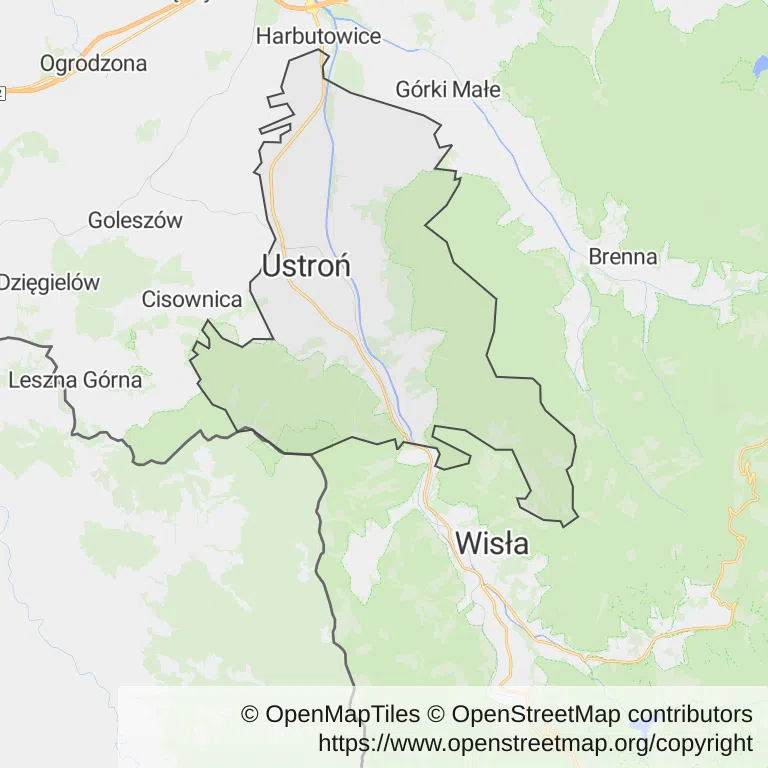 Mapa z zaznaczonym Ustroniu