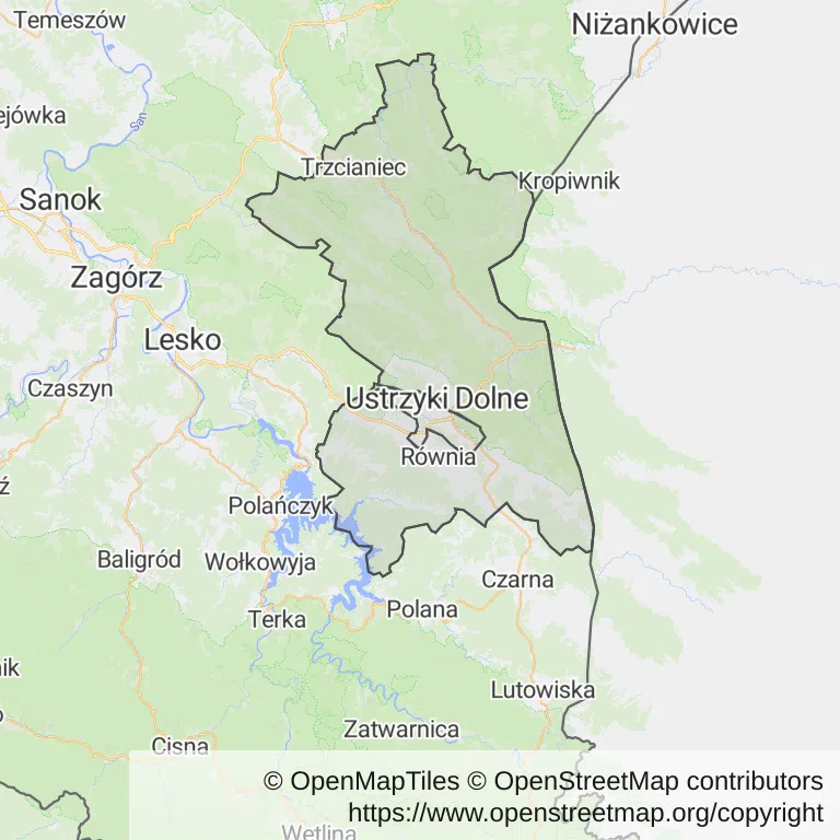 Mapa z zaznaczonym Ustrzykach Dolnych