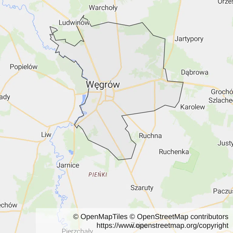 Mapa z zaznaczonym Węgrowem