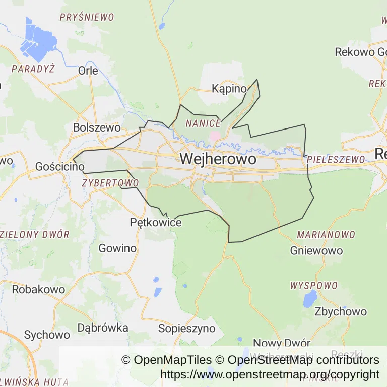 Mapa z zaznaczonym Wejherowem