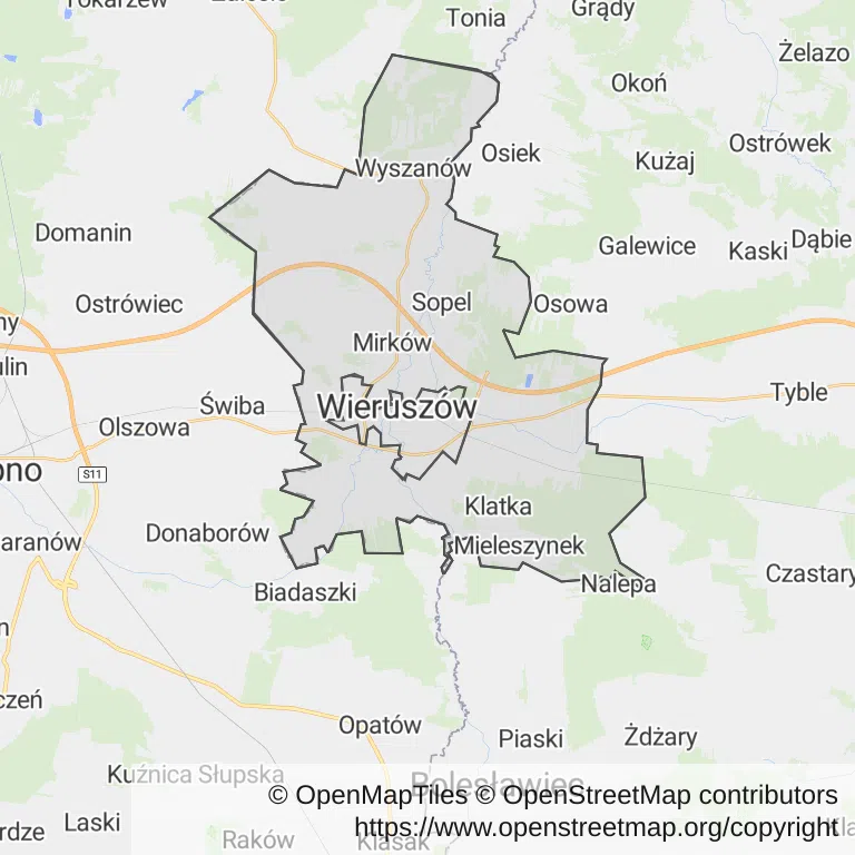 Mapa z zaznaczonym Wieruszowem