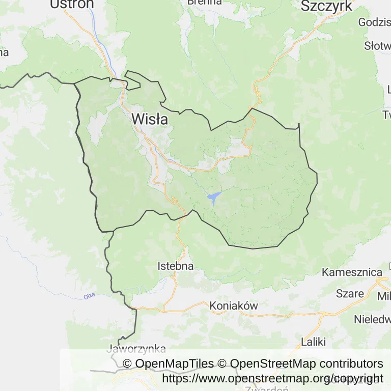 Mapa z zaznaczoną Wiśle