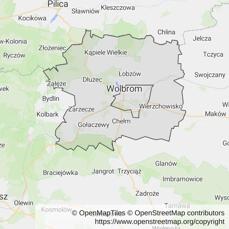 Mapa z zaznaczonym Wolbromiu