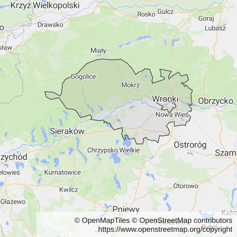 Mapa z zaznaczonym Wronkami