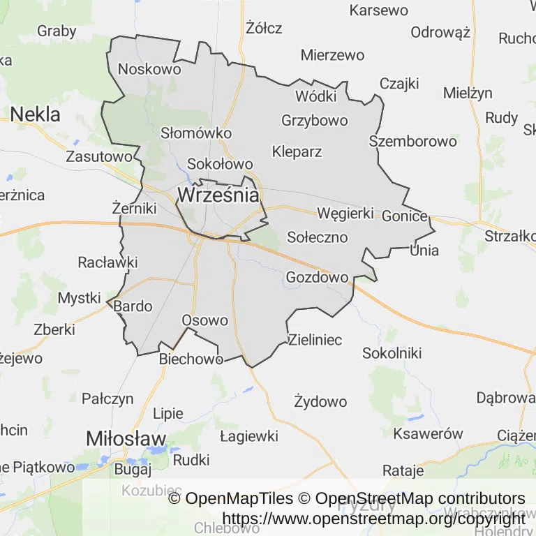 Mapa z zaznaczoną Wrześni
