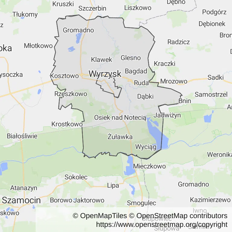 Mapa z zaznaczonym Wyrzyskiem