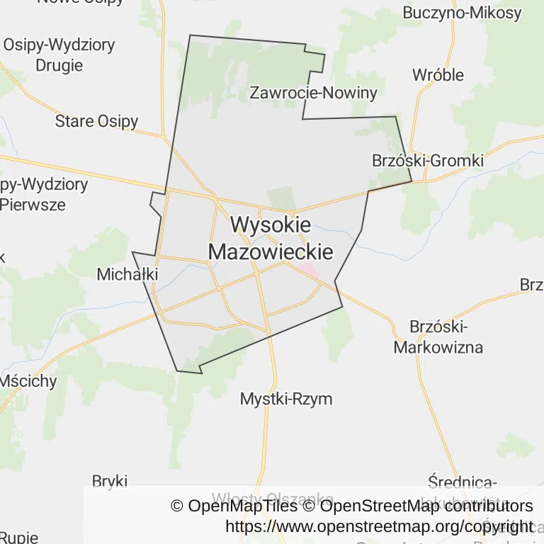 Mapa z zaznaczonym Wysokiem Mazowieckiem