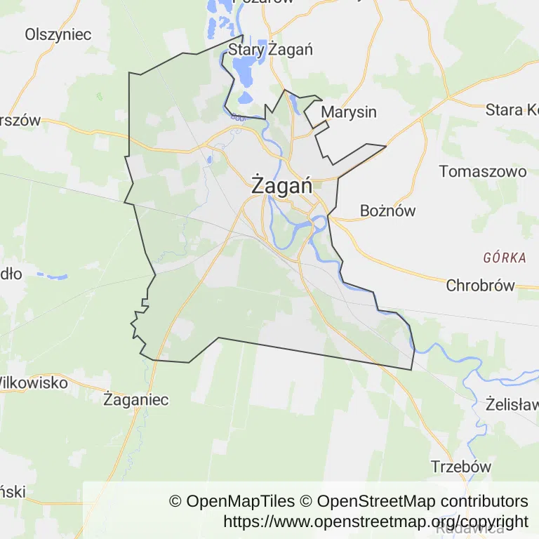 Mapa z zaznaczonym Żaganiu