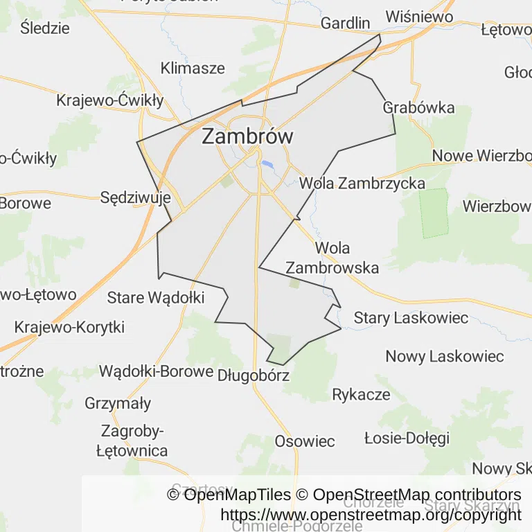 Mapa z zaznaczonym Zambrowem