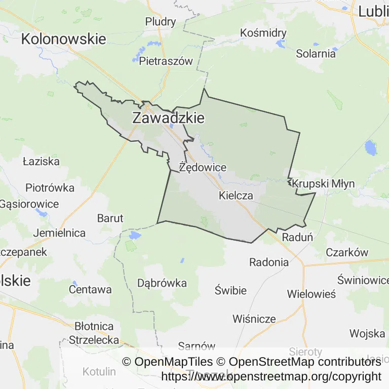 Mapa z zaznaczonym Zawadzkiem