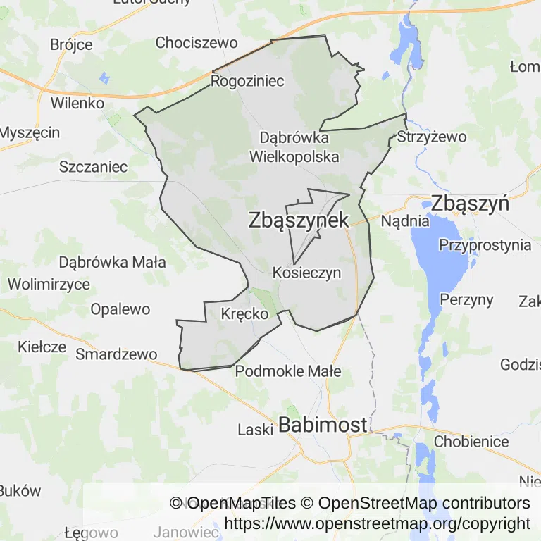 Mapa z zaznaczonym Zbąszynkiem