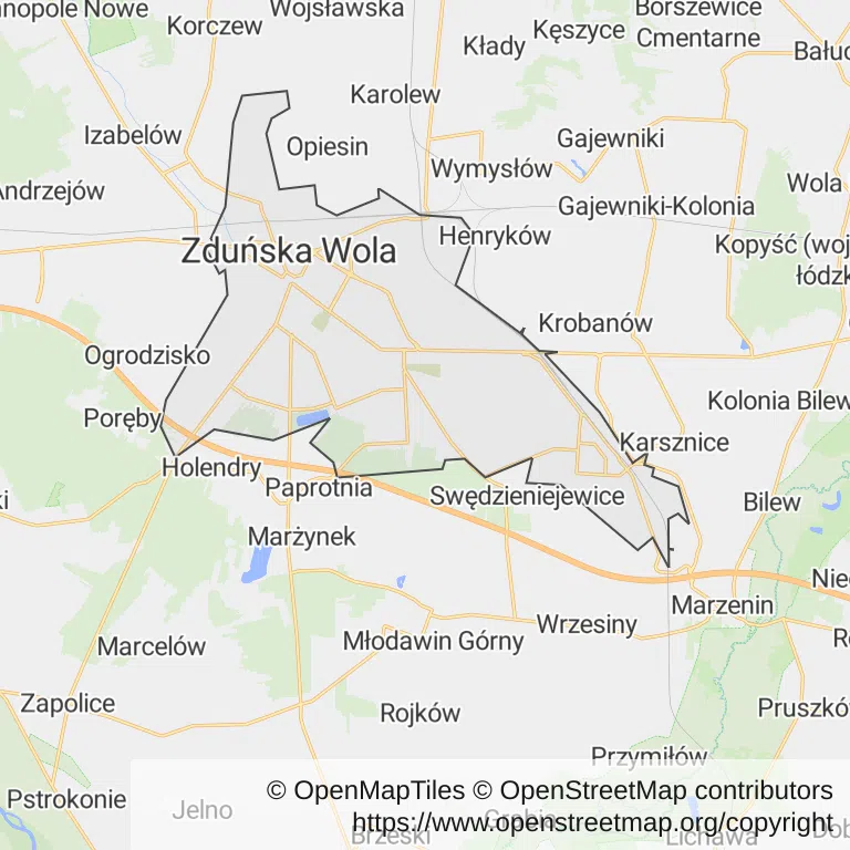 Mapa z zaznaczoną Zduńskiej Woli