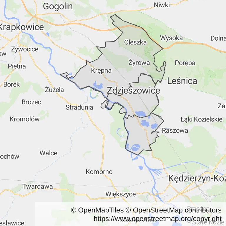 Mapa z zaznaczonymi Zdzieszowicami