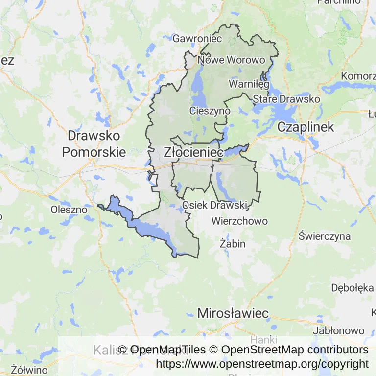 Mapa z zaznaczonym Złocieńcu
