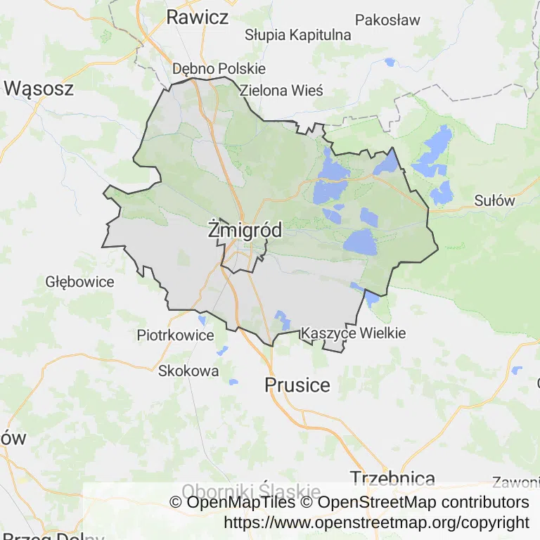 Mapa z zaznaczonym Żmigrodzem