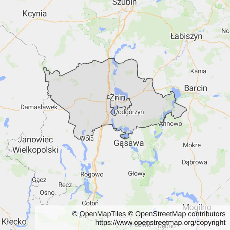 Mapa z zaznaczonym Żninem