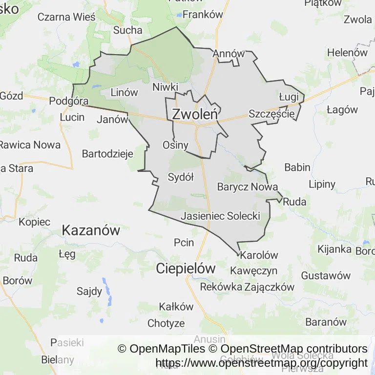 Mapa z zaznaczonym Zwoleniu