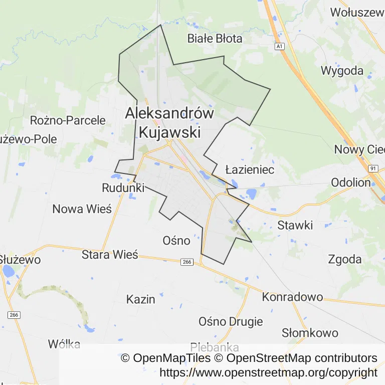 Mapa z zaznaczonym Aleksandrowie Kujawskim