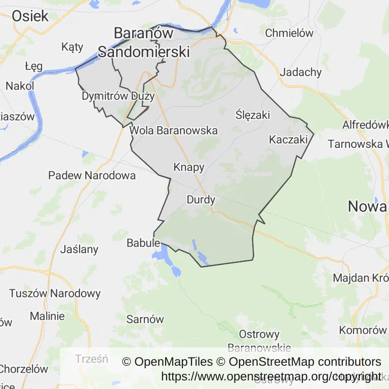 Mapa z zaznaczonym Baranowie Sandomierskim