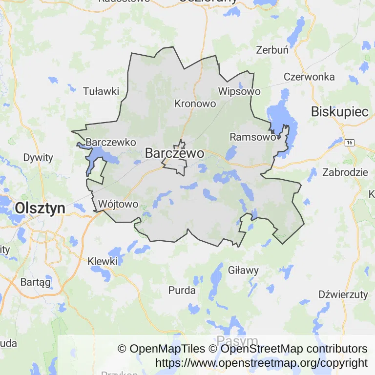 Mapa z zaznaczonym Barczewem