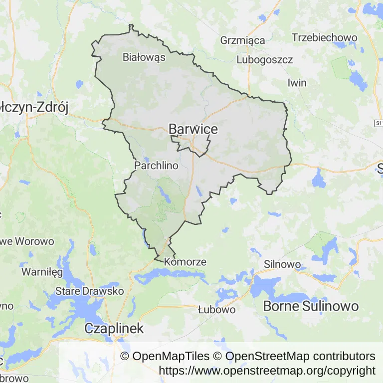 Mapa z zaznaczonymi Barwicami