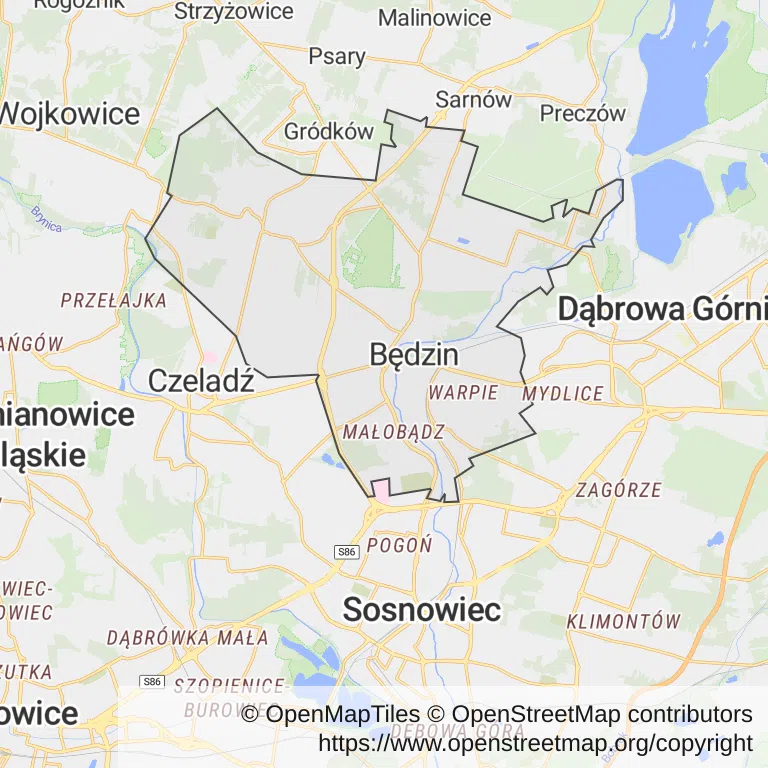 Mapa z zaznaczonym Będzinem