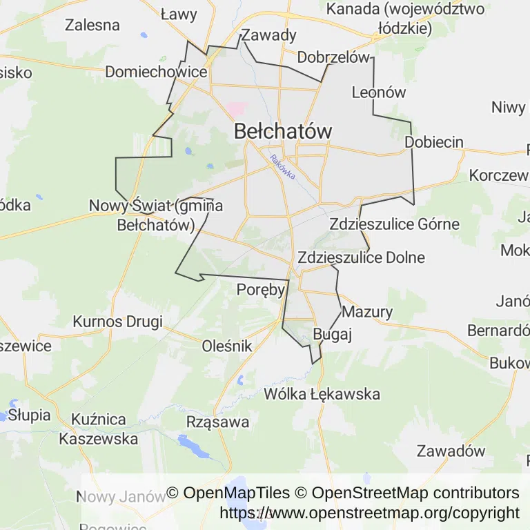 Mapa z zaznaczonym Bełchatowem