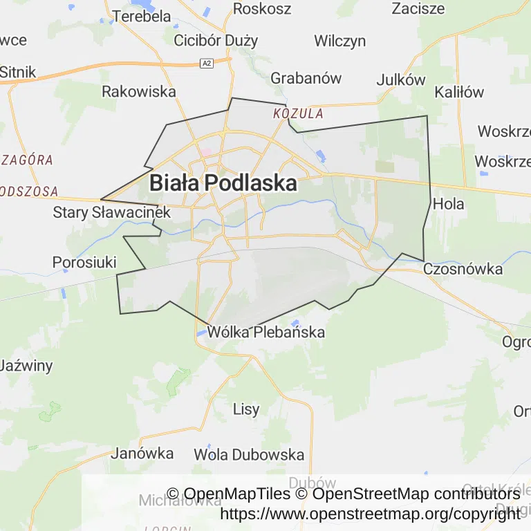 Mapa z zaznaczoną Białej Podlaskiej