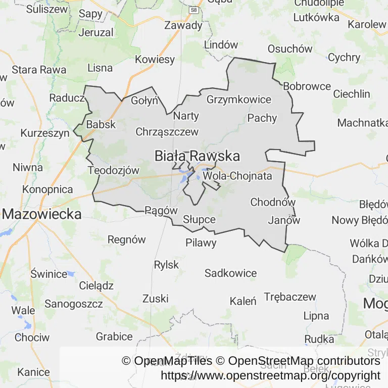 Mapa z zaznaczoną Białej Rawskiej