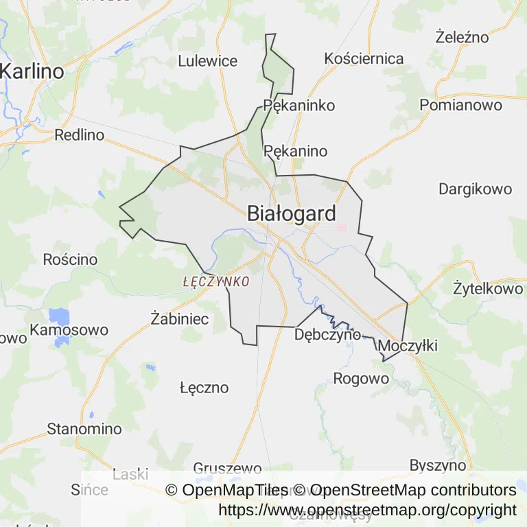 Mapa z zaznaczonym Białogardzem