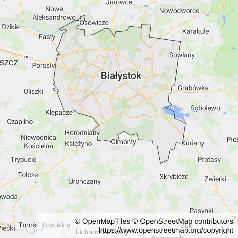 Mapa z zaznaczonym Białymstokiem