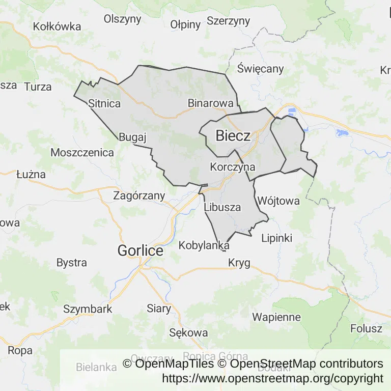 Mapa z zaznaczonym Bieczem