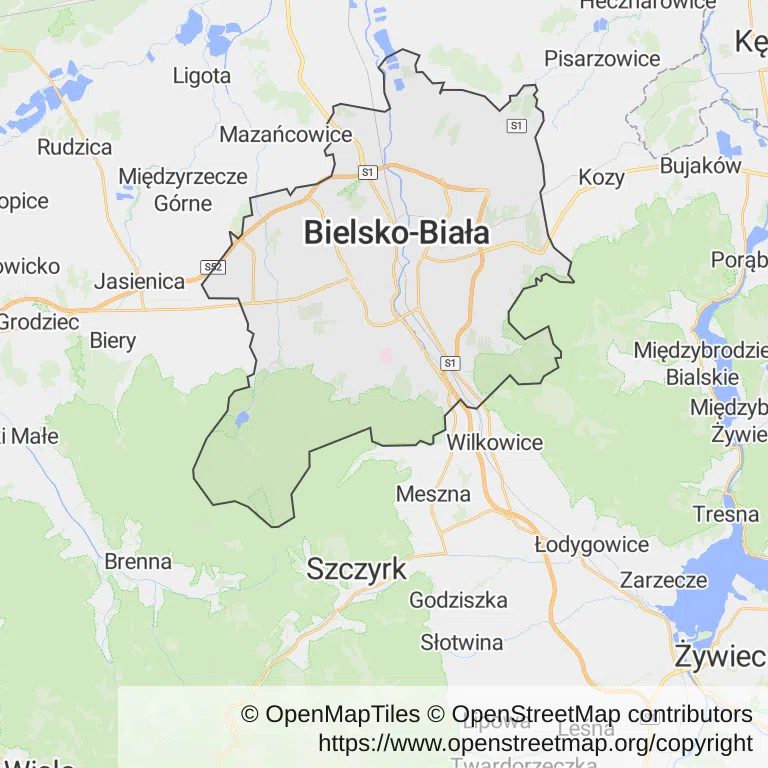Mapa z zaznaczoną Bielsku-Białej