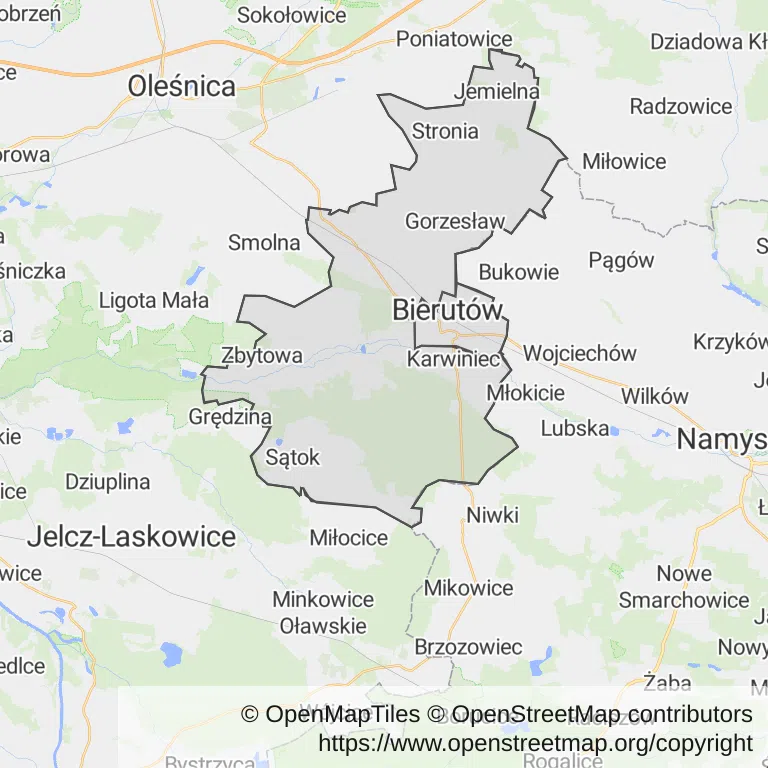 Mapa z zaznaczonym Bierutowem