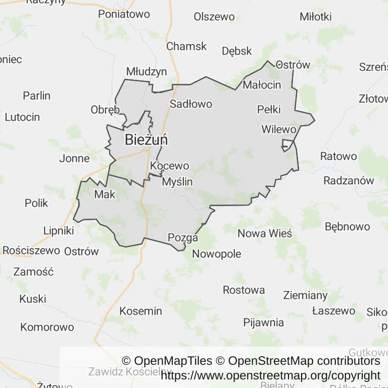 Mapa z zaznaczonym Bieżuniu