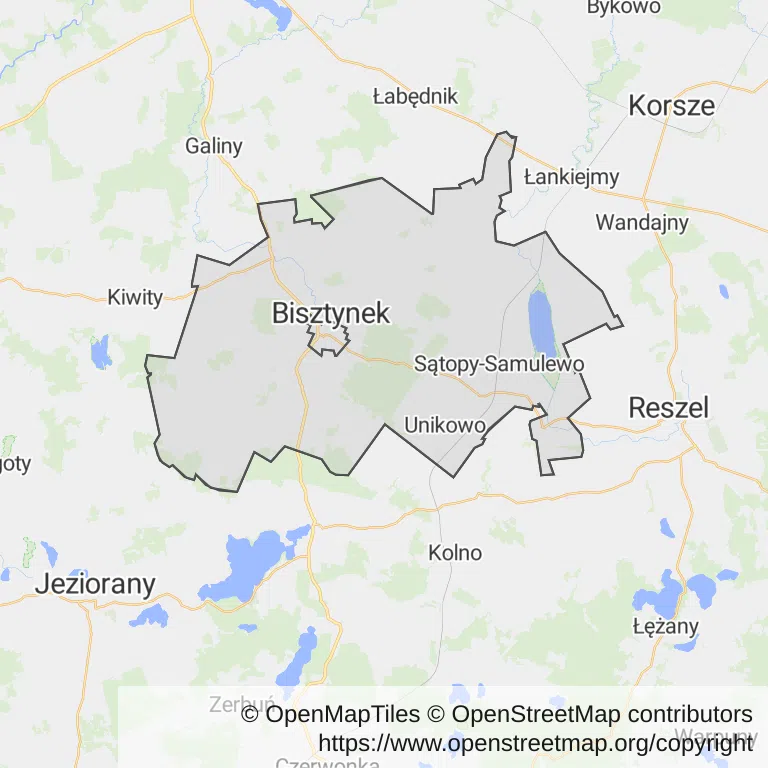 Mapa z zaznaczonym Bisztynkiem